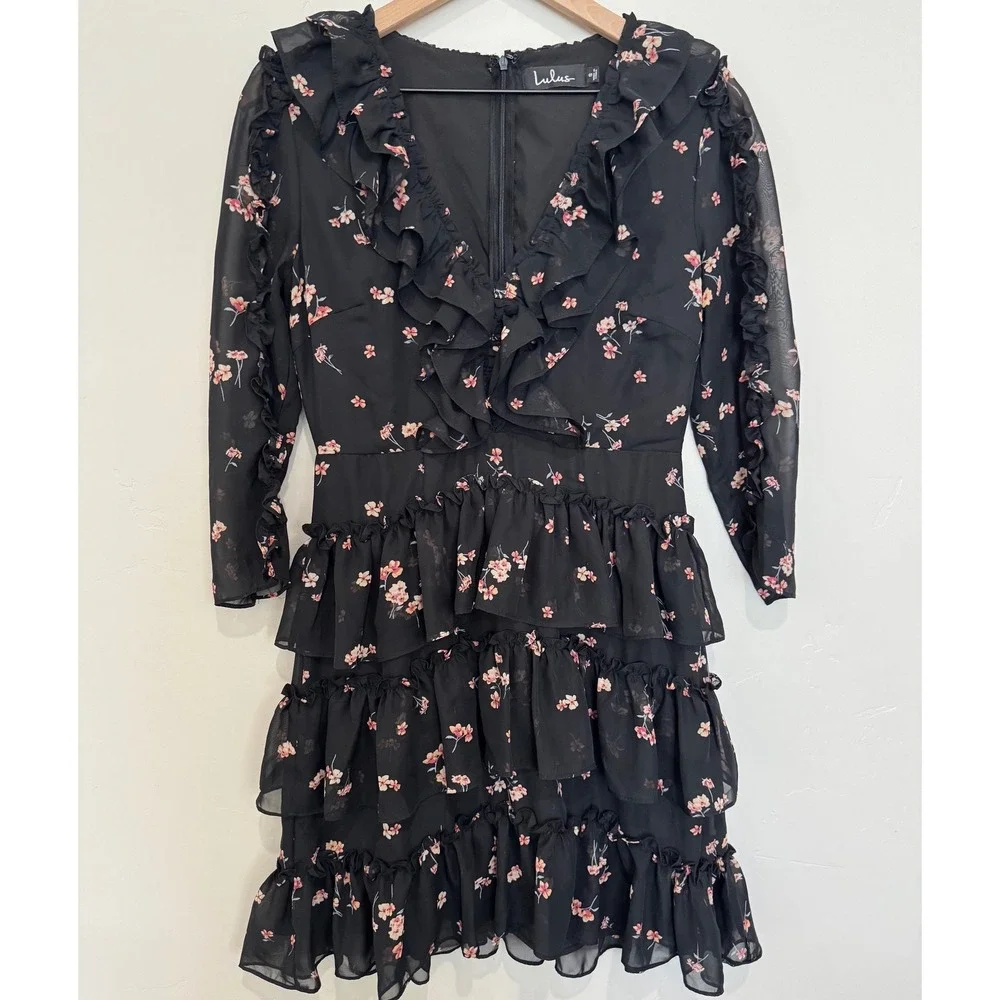 Lulu's Growing Affection Black Floral Print Ruffled Mini Dress Size Small